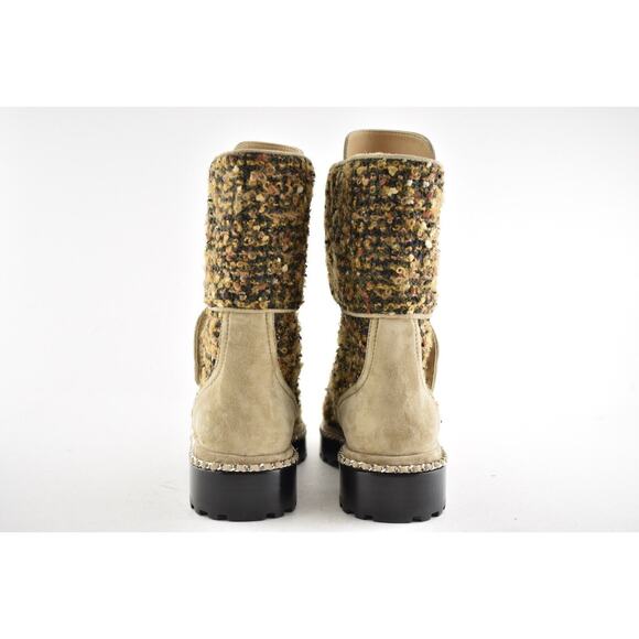 Chanel 18K Citizen Brown Beige Green Tweed CC Chain Pearl Combat Tall Boots 34.5 - Picture 11 of 12